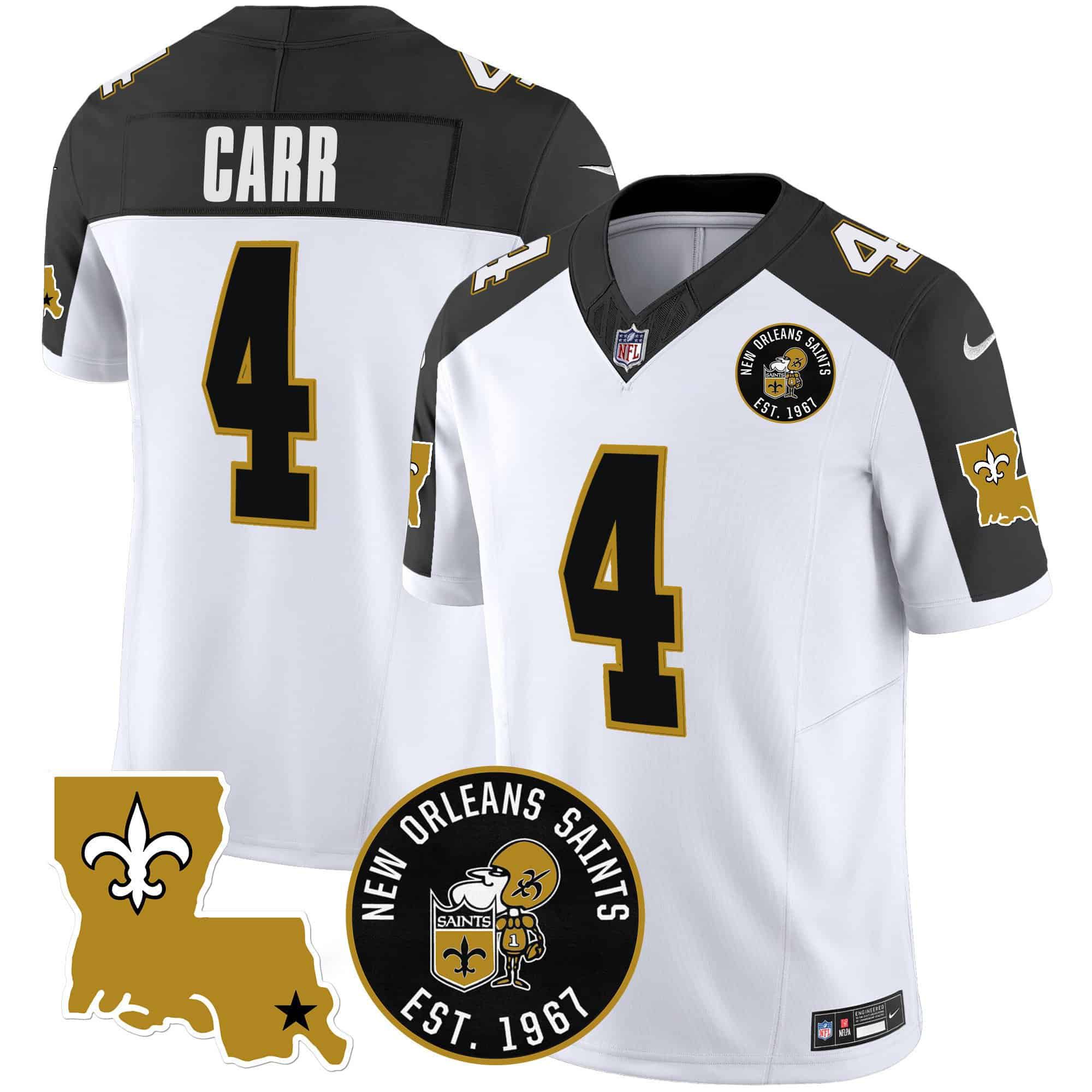 Men New Orleans Saints 4 Carr White 2024 Nike 1967 Patch Vapor Limited NFL Jersey style 1